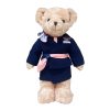 Handcrafted Air Japan female cabin crew teddy bear in navy uniform with pink sash.